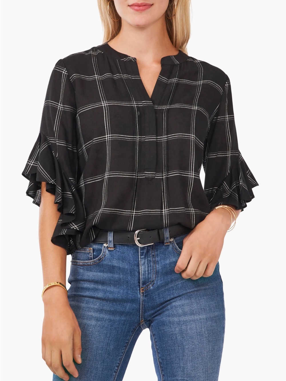 Vince Camuto Black and White Windowpane Popover Top